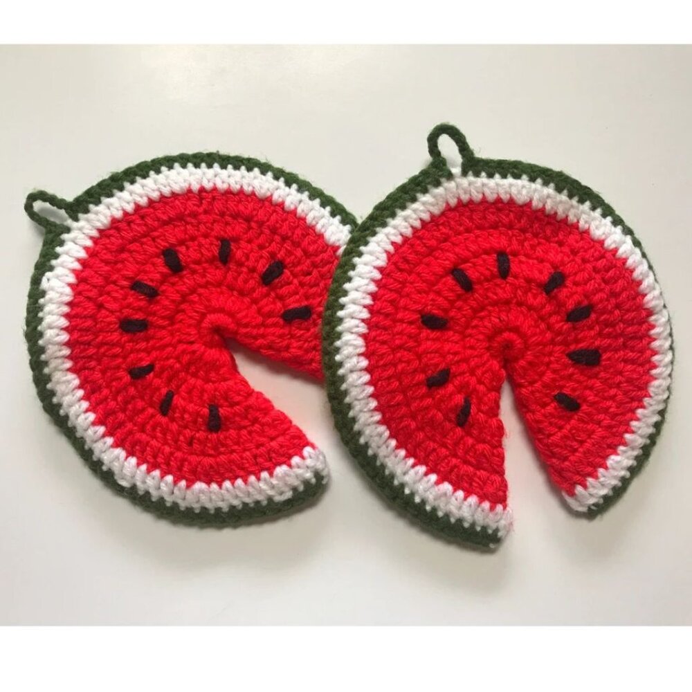 Vintage Watermelon Pot Holders Pair Crocheted Kitchen Kitsch